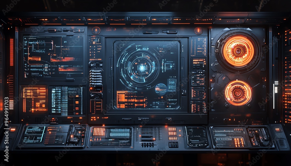 Obraz premium Hightech hacking toolkit with advanced digital interfaces, encrypted devices, and sleek, futuristic design elements in a darkened environment