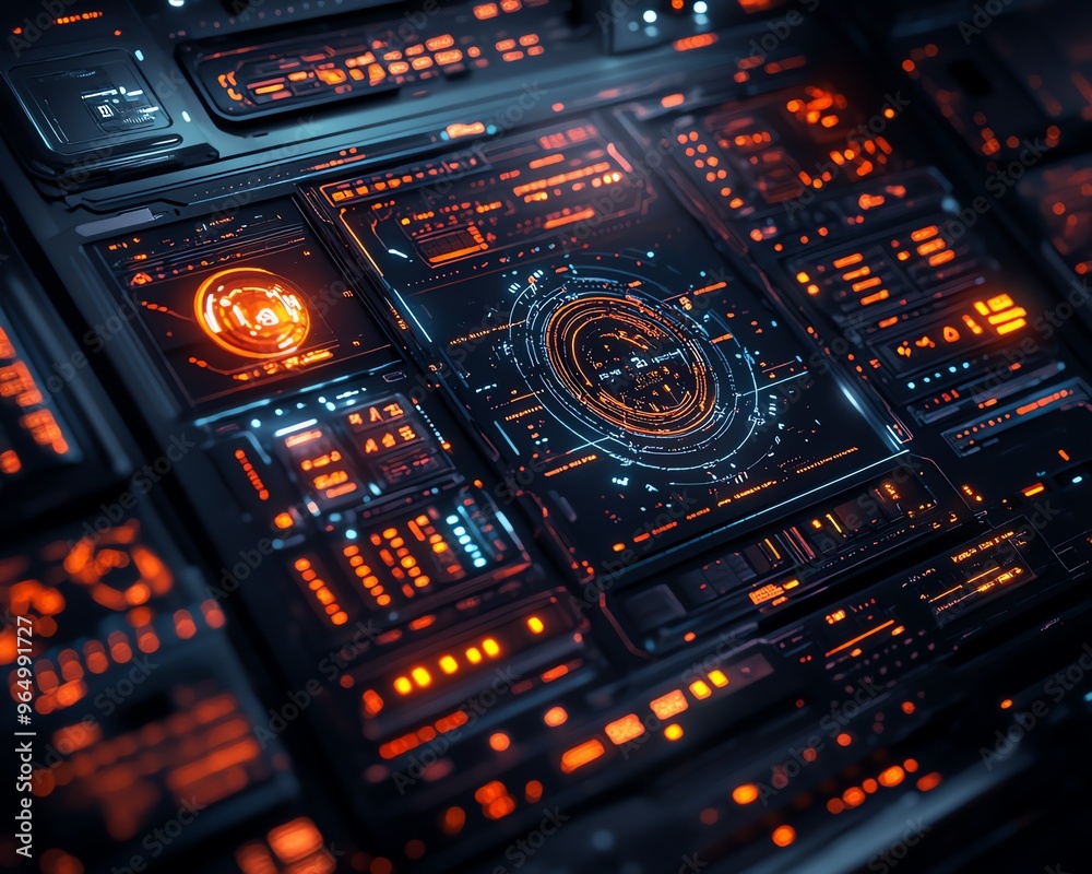 Obraz premium Hightech hacking toolkit with advanced digital interfaces, encrypted devices, and sleek, futuristic design elements in a darkened environment