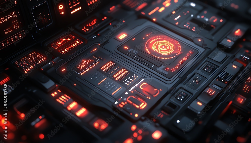 Obraz premium Hightech hacking toolkit with advanced digital interfaces, encrypted devices, and sleek, futuristic design elements in a darkened environment