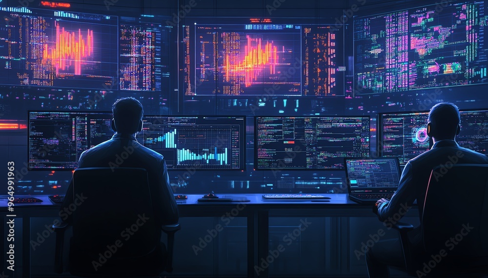 Advanced information security operations center with hightech monitoring screens, encrypted data streams, and security analysts at work Advanced information security operations center with hightech monitoring screens, encrypted data streams, and security analysts at work