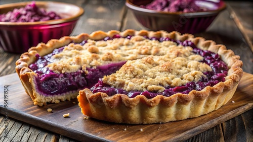 Golden brown pie crust wraps around a rich, vibrant purple filling, topped with crunchy streusel and emitting a