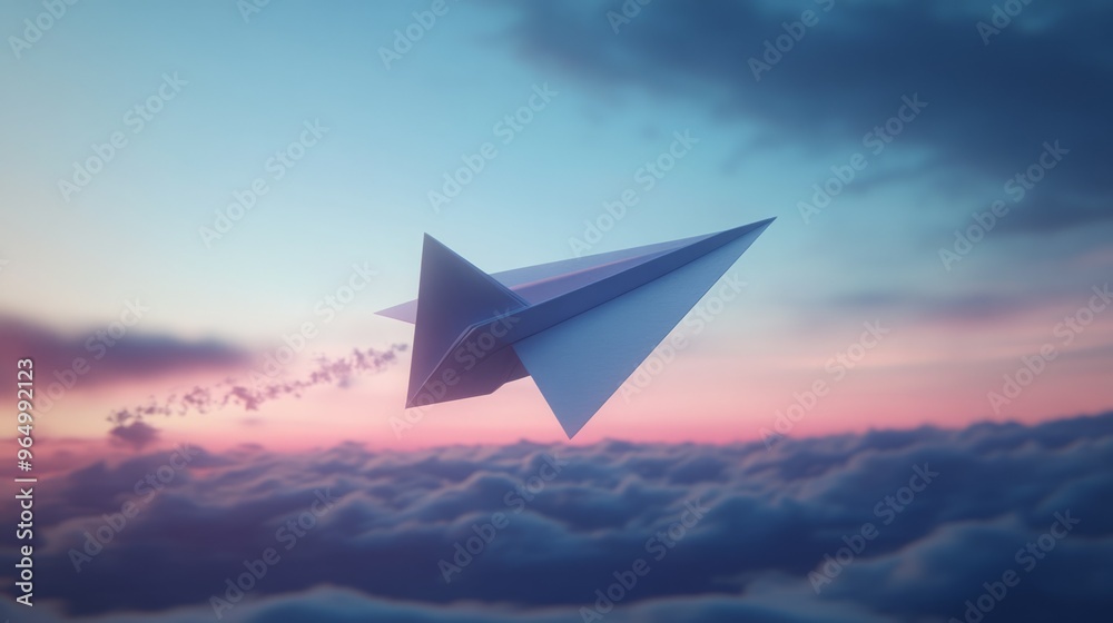 Paper airplane soaring through pink and blue clouds. Paper airplane soaring through pink and blue clouds.