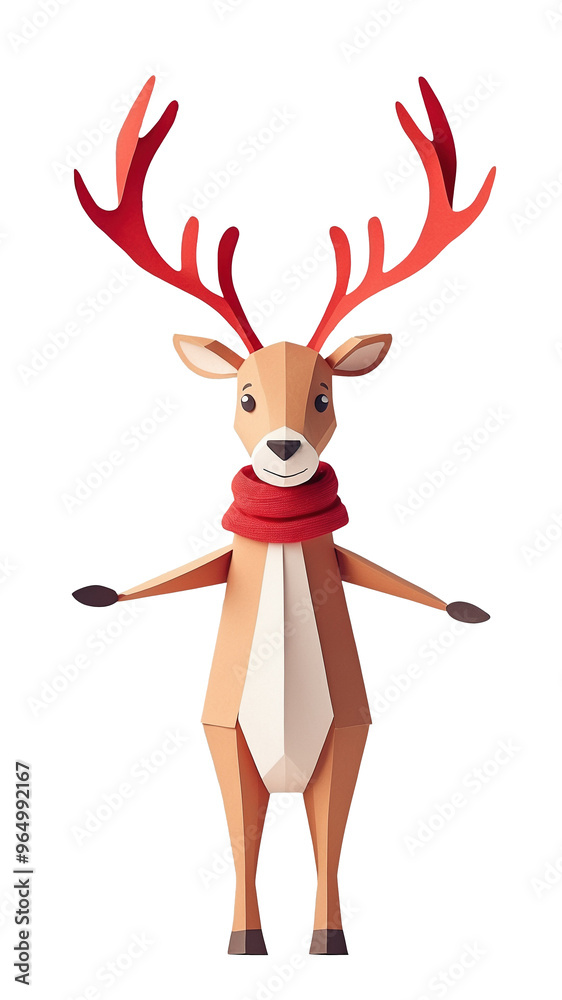 Fototapeta premium Christmas reindeer papercraft style with red scarf