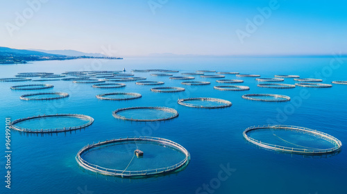 Aerial view of vast coastal fish farm with numerous circular enclosures in clear blue water, showcasing aquaculture practices.