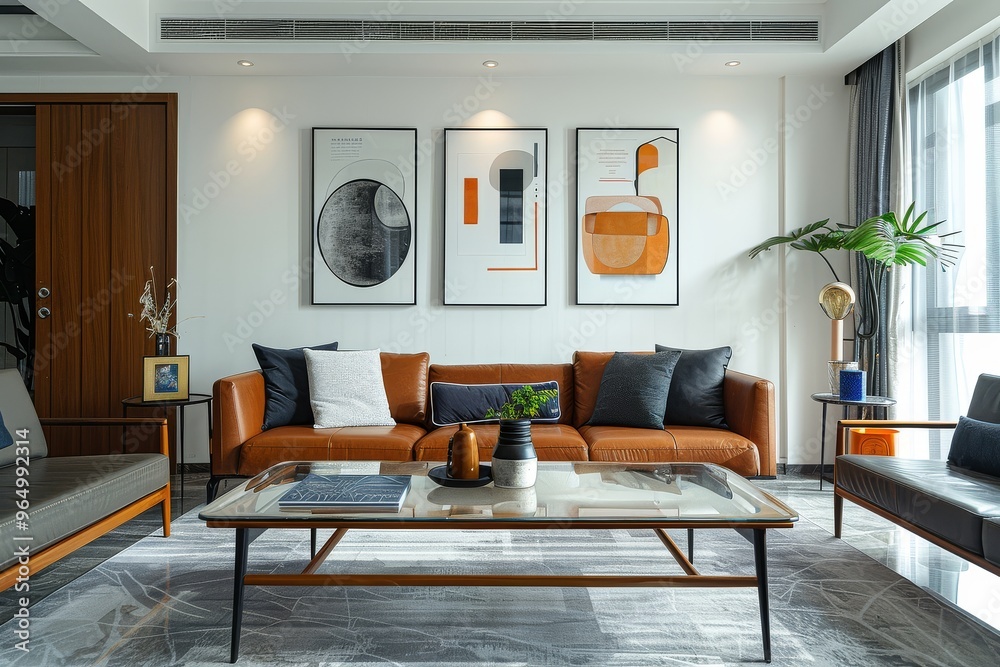Fototapeta premium Elegant light gray and blue sideboards with wooden and metal furniture, glass coffee table in a sunlit living room with warm tones.
