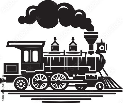 Black silhouette retro train engine, Black locomotive vintage historic train model silhouette vector,   