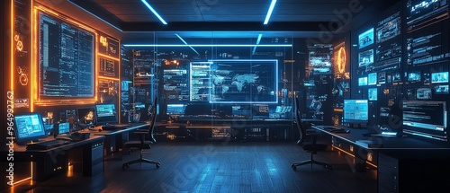 Futuristic information security lab with sophisticated technology, including intrusion detection systems, realtime threat monitoring, and secure workstations