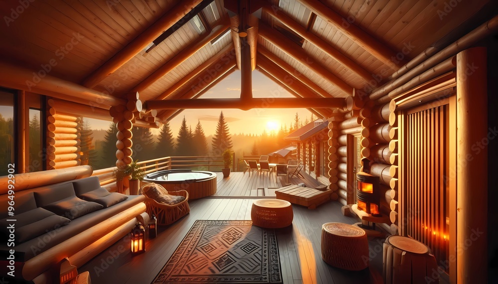 interior of luxurious ethnic style house, terrace with pool, view of the sunset forest, created with A.I. generative. interior of luxurious ethnic style house, terrace with pool, view of the sunset forest, created with A.I. generative.
