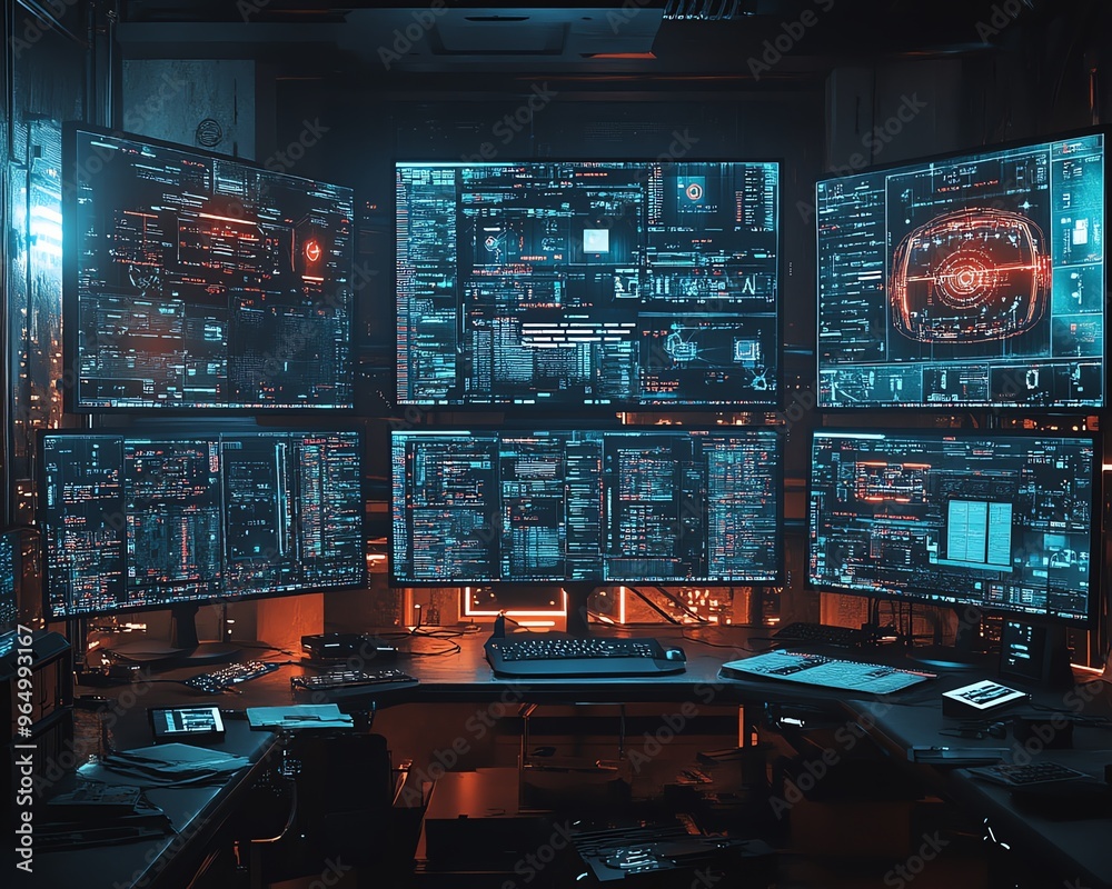 Hightech wireless hacking scene with multiple screens showing intercepted data streams, signal analyzers, and sophisticated hacking tools Hightech wireless hacking scene with multiple screens showing intercepted data streams, signal analyzers, and sophisticated hacking tools