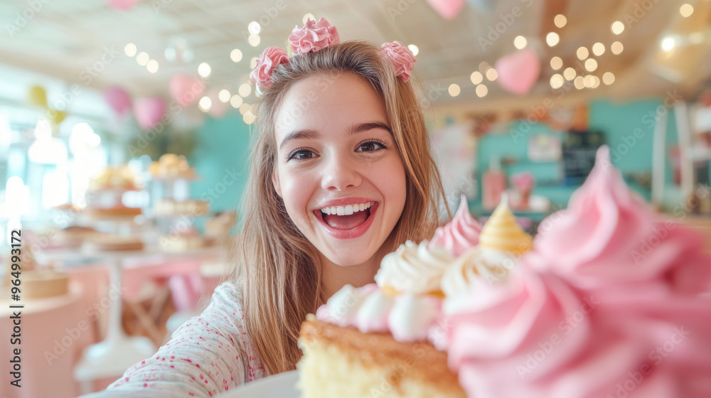 Happy young woman taking selfie with delicious cake in vibrant cafe. joyful atmosphere is enhanced by pink decorations and soft lighting. Happy young woman taking selfie with delicious cake in vibrant cafe. joyful atmosphere is enhanced by pink decorations and soft lighting.