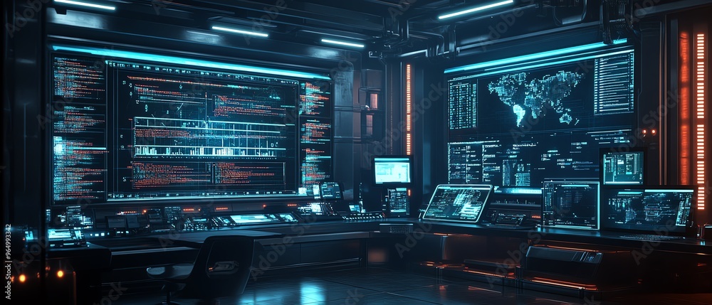 Network hacking console with interactive data visualization, realtime breach monitoring, and hightech security bypass tools in a futuristic lab Network hacking console with interactive data visualization, realtime breach monitoring, and hightech security bypass tools in a futuristic lab