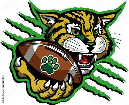 bobcat mascot holding football in claw for school, college or league sports