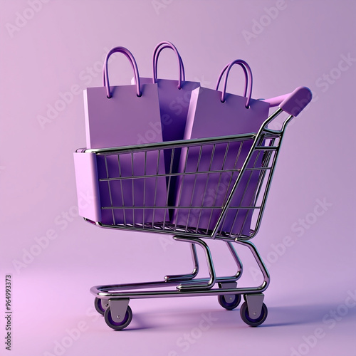 Carrito de compras color morado con bolsas de regalo, 3d