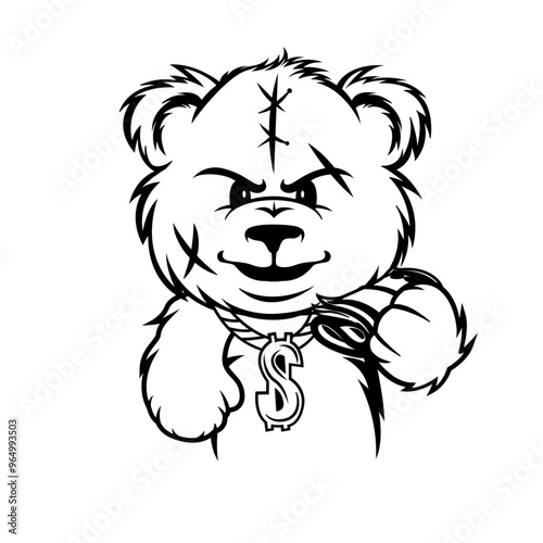 Wounded Bear | Lady Teddy Bear | Gangster Teddy | Stitched Gangster | Dollar Gangster | Dollar Necklace | Mafia Bear | Dollar Teddy | Original Illustration | Vector and Clipart | Cutfile and Stencil