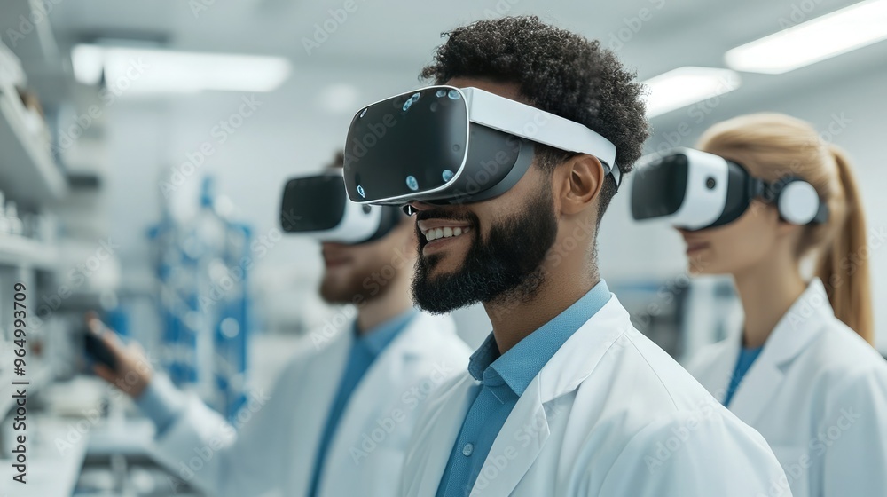 Professionals engaging with virtual reality technology in a modern laboratory, showcasing innovation and teamwork. Professionals engaging with virtual reality technology in a modern laboratory, showcasing innovation and teamwork.