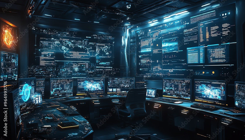 Cyber warfare simulation with complex attack vectors, data breaches, and defensive measures displayed on multiple hightech monitors Cyber warfare simulation with complex attack vectors, data breaches, and defensive measures displayed on multiple hightech monitors