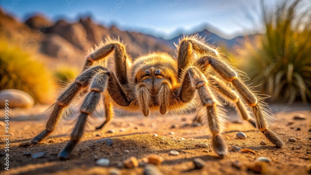 In sharp focus, a massive, hairy camel spider dominates the frame, its fangs and eyes standing out against In sharp focus, a massive, hairy camel spider dominates the frame, its fangs and eyes standing out against