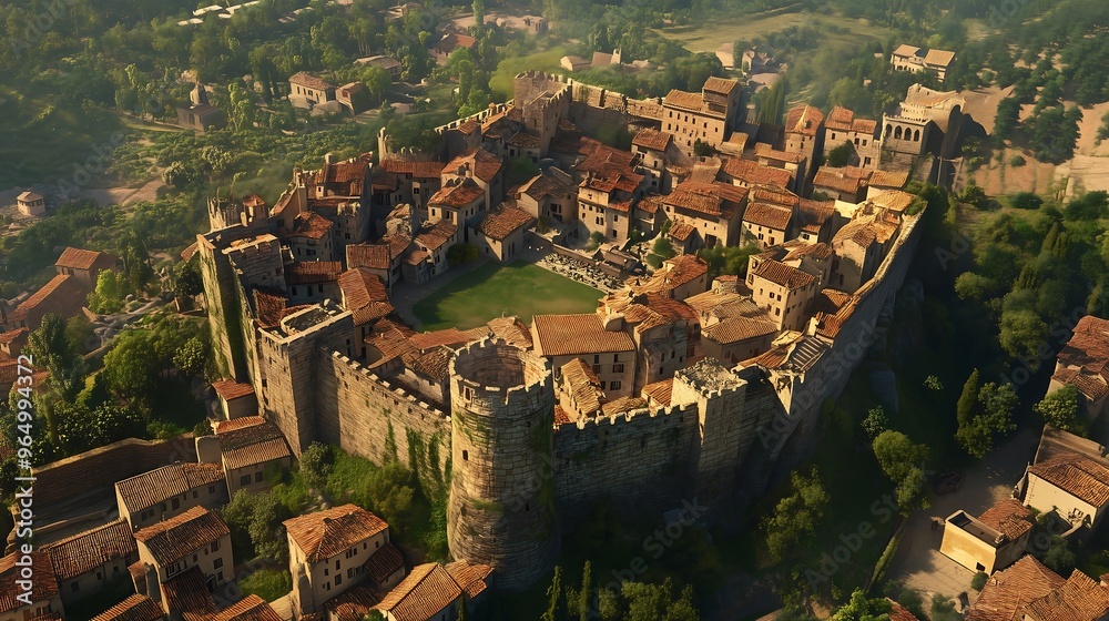 Fototapeta premium MONTERIGGIONI, ITALY: Medieval Tuscan Fortress, Aerial view of an ancient medieval village used in Assassin's Creed video game. Monteriggioni, Italy.