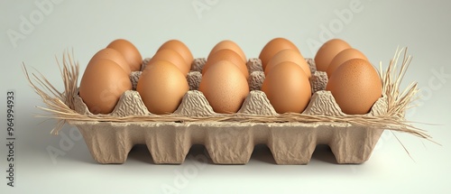 Organic eggs, in a carton with straw, 3D illustration photo