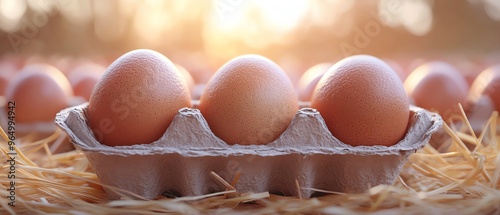 Organic eggs, in a carton with straw, 3D illustration photo