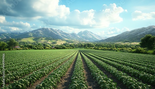 Organic farm, lush green fields with crops, 3D illustration