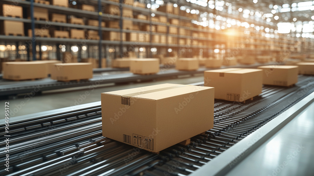 cardboard box on a conveyor belt in a warehouse, symbolizing efficiency and logistics in modern supply chains. The focus on the box highlights precision and organization in distribution cardboard box on a conveyor belt in a warehouse, symbolizing efficiency and logistics in modern supply chains. The focus on the box highlights precision and organization in distribution