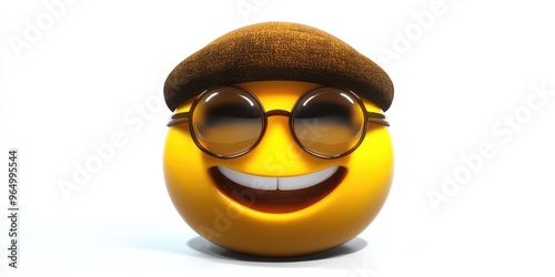 A cheerful yellow emoji with glasses and a hat radiating joy against a sleek white backdrop, showcasing vibrant colors and intricate details in an ultra high-resolution setting photo