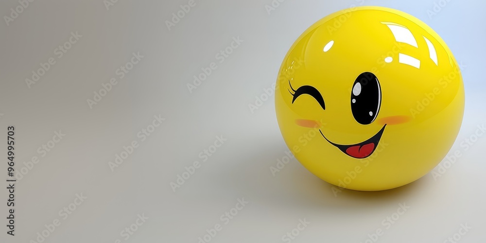 Fototapeta premium A cheerful 3D winking yellow emoji with glossy features against a bright background showcasing vibrant colors and playful expression appealing to all ages