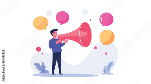 PR manager vector, public relations illustration, communication graphic, media announcement, sales promotion, businessman megaphone, speech bubble, flat style PR, corporate communication, media 
