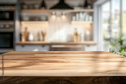 Wallpaper Mural kitchen table background, wood counter top on blur of white clean abstract home interior with bokeh. used for display or montage your wooden for dining background. table banner, ai Torontodigital.ca