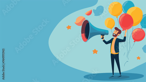 PR manager vector, public relations illustration, communication graphic, media announcement, sales promotion, businessman megaphone, speech bubble, flat style PR, corporate communication, media 