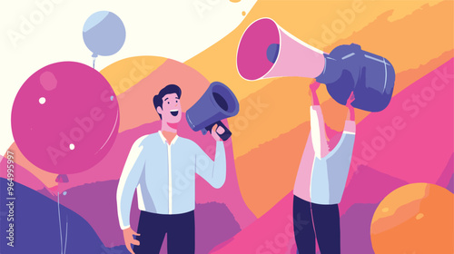 PR manager vector, public relations illustration, communication graphic, media announcement, sales promotion, businessman megaphone, speech bubble, flat style PR, corporate communication, media 