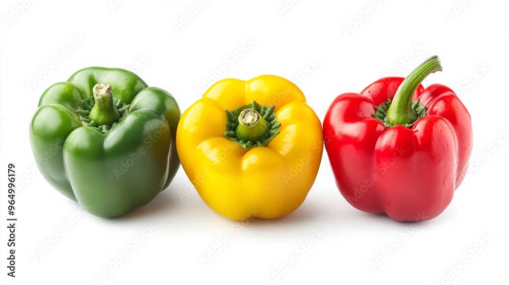 Red, Green, and Yellow Sweet Peppers (Paprika) Isolated on a White Background with Clipping Path, Featuring Full Depth of Field Red, Green, and Yellow Sweet Peppers (Paprika) Isolated on a White Background with Clipping Path, Featuring Full Depth of Field