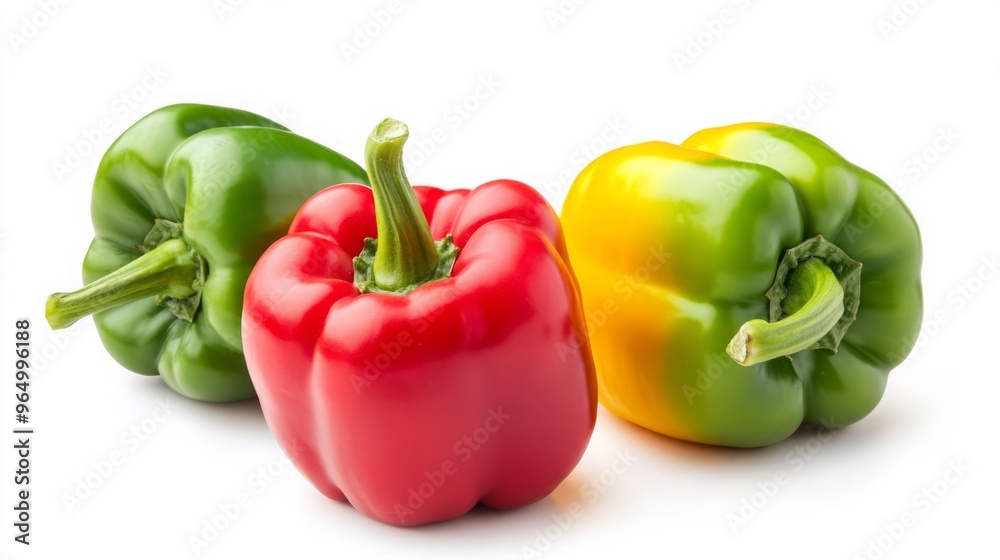 Red, Green, and Yellow Sweet Peppers (Paprika) Isolated on a White Background with Clipping Path, Featuring Full Depth of Field Red, Green, and Yellow Sweet Peppers (Paprika) Isolated on a White Background with Clipping Path, Featuring Full Depth of Field