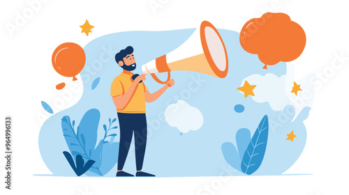 PR manager vector, public relations illustration, communication graphic, media announcement, sales promotion, businessman megaphone, speech bubble, flat style PR, corporate communication, media 