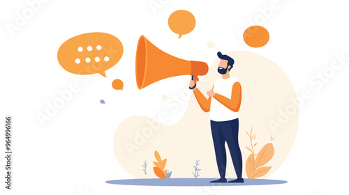 PR manager vector, public relations illustration, communication graphic, media announcement, sales promotion, businessman megaphone, speech bubble, flat style PR, corporate communication, media 