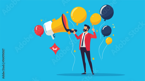 PR manager vector, public relations illustration, communication graphic, media announcement, sales promotion, businessman megaphone, speech bubble, flat style PR, corporate communication, media 