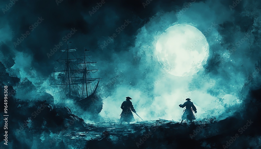 Naklejka premium Ghostly pirate duel, fighting for cursed treasure, moonlit battlefield, Watercolor style