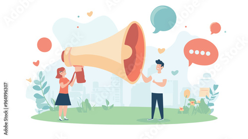 PR manager vector, public relations illustration, communication graphic, media announcement, sales promotion, businessman megaphone, speech bubble, flat style PR, corporate communication, media 