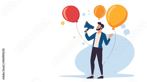 PR manager vector, public relations illustration, communication graphic, media announcement, sales promotion, businessman megaphone, speech bubble, flat style PR, corporate communication, media 