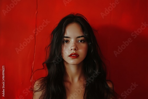 Rotogravure Style Portrait of a 19-Year-Old Woman with Long Black Hair Wearing a Red Swimsuit photo