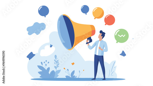 PR manager vector, public relations illustration, communication graphic, media announcement, sales promotion, businessman megaphone, speech bubble, flat style PR, corporate communication, media 