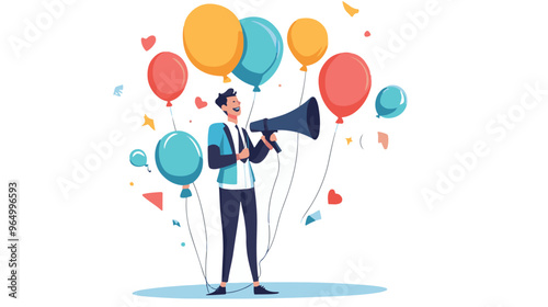 PR manager vector, public relations illustration, communication graphic, media announcement, sales promotion, businessman megaphone, speech bubble, flat style PR, corporate communication, media 