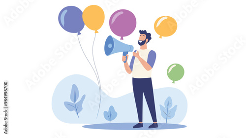 PR manager vector, public relations illustration, communication graphic, media announcement, sales promotion, businessman megaphone, speech bubble, flat style PR, corporate communication, media 