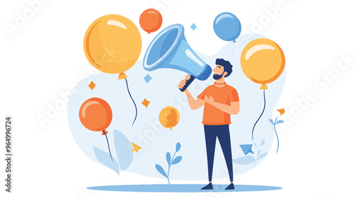 PR manager vector, public relations illustration, communication graphic, media announcement, sales promotion, businessman megaphone, speech bubble, flat style PR, corporate communication, media 