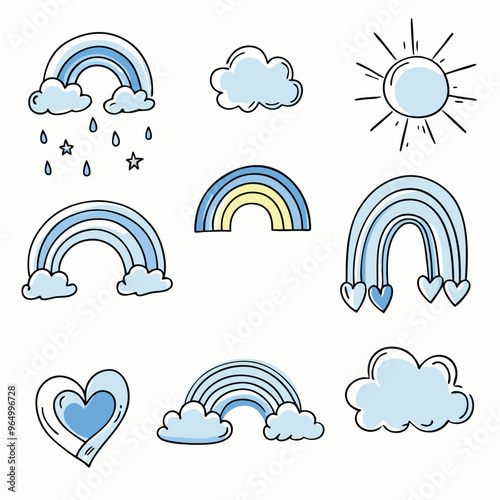 Scandinavian boho rainbows set with clouds, stars, drops, crescent in pastel blue colors. Celestial clip art. Hand drawn vector element for nursery decoration, baby shower. Vector flat illustration
