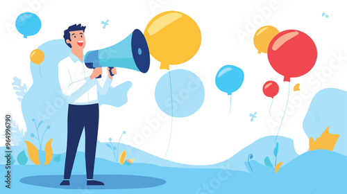 PR manager vector, public relations illustration, communication graphic, media announcement, sales promotion, businessman megaphone, speech bubble, flat style PR, corporate communication, media 