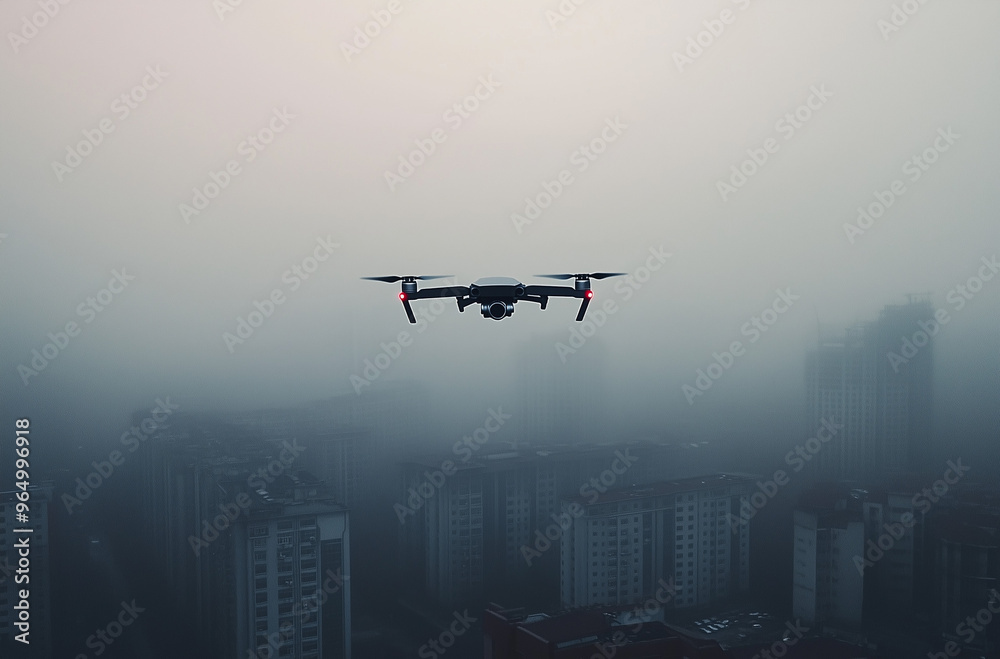 Stealthy Drone Hovering Over a Misty Gray Cityscape: Urban Exploration