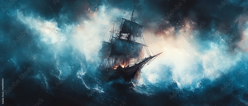Pirate ghost ship, trapped in an eternal storm, cursed crew, Watercolor style Pirate ghost ship, trapped in an eternal storm, cursed crew, Watercolor style