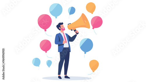 PR manager vector, public relations illustration, communication graphic, media announcement, sales promotion, businessman megaphone, speech bubble, flat style PR, corporate communication, media 